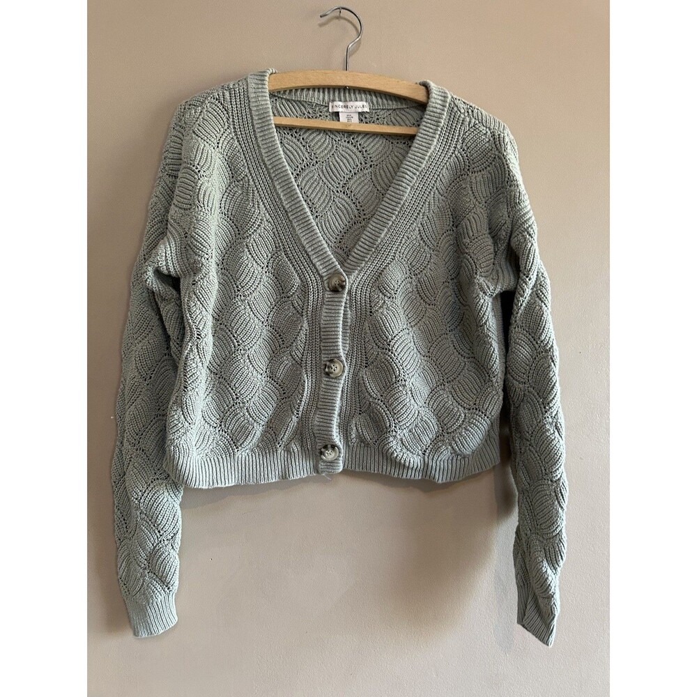 Sincerely Jules Boho Green Cable Knit Cropped Cotton Cottagecore Cardigan Size L